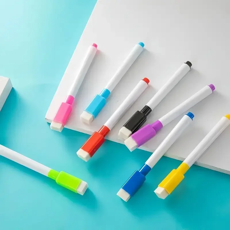 9Pcs Dry Erase Whiteboard Marker With Eraser Random Color Office White Board Writing Marker Set