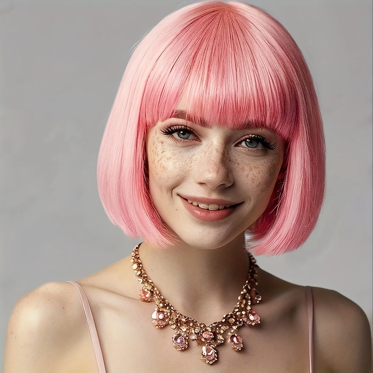 باروكة بوب قصيرة مستقيمة مقاس 14 بوصة باللون الوردي الزاهي مع غرة - باروكة صناعية مقاومة للحرارة، قبعة شبكية وردية للحفلات التنكرية اليومية للنساء #3