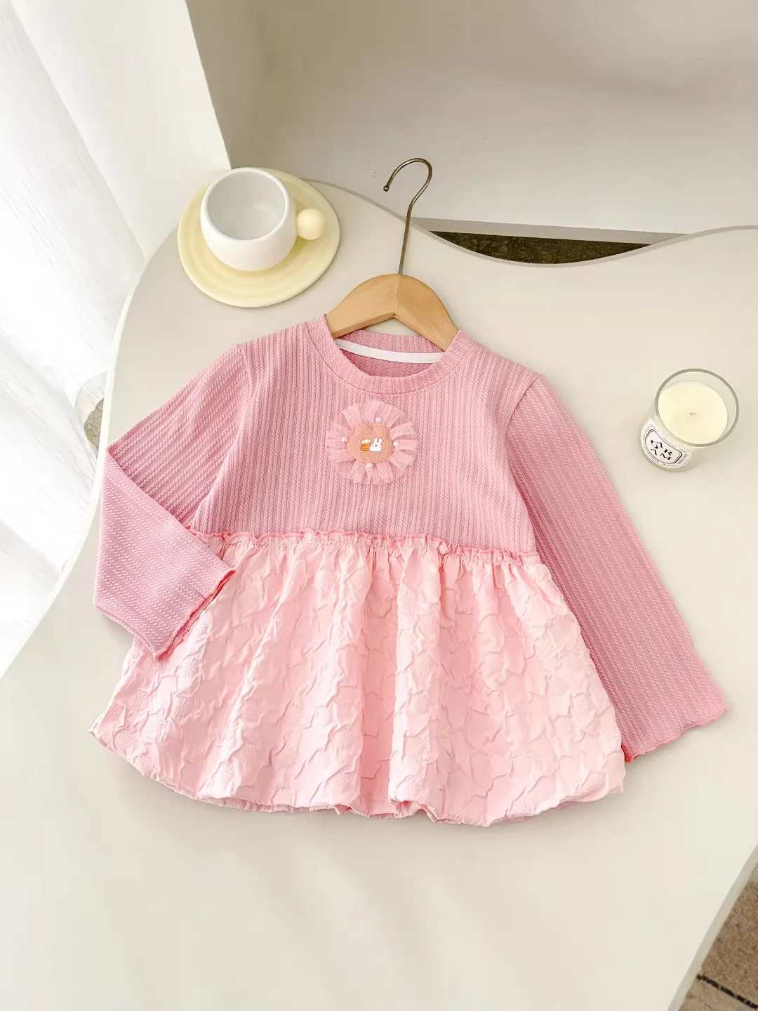 2026 Spring 1-7Y Childrens Clothes Knitted Panel Skirt and 3D Appliqué Girls Dress Long-Sleeve Crew Neck Loose Fit