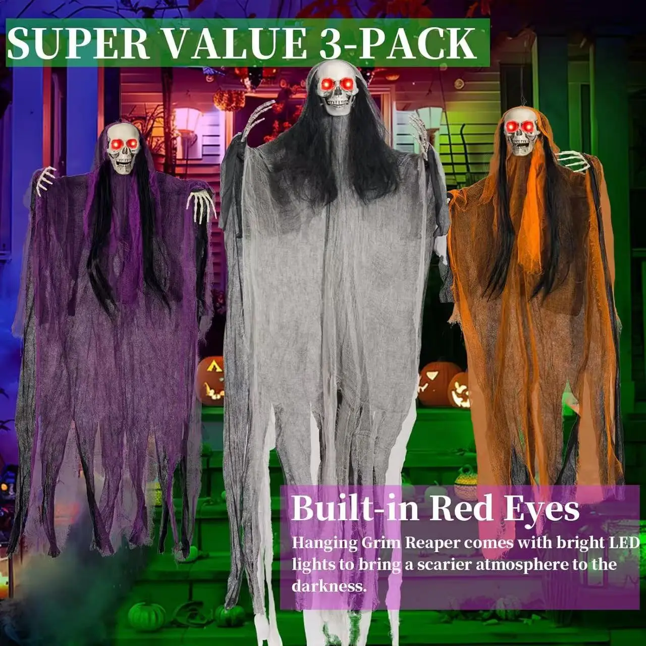 Halloween Decorations: 3pcs Hanging Skeleton & Set (Sound-Activated Light-Up Eyes) Indoor/Outdoor Yard & Lawn Spooky, Colorful Fabric 