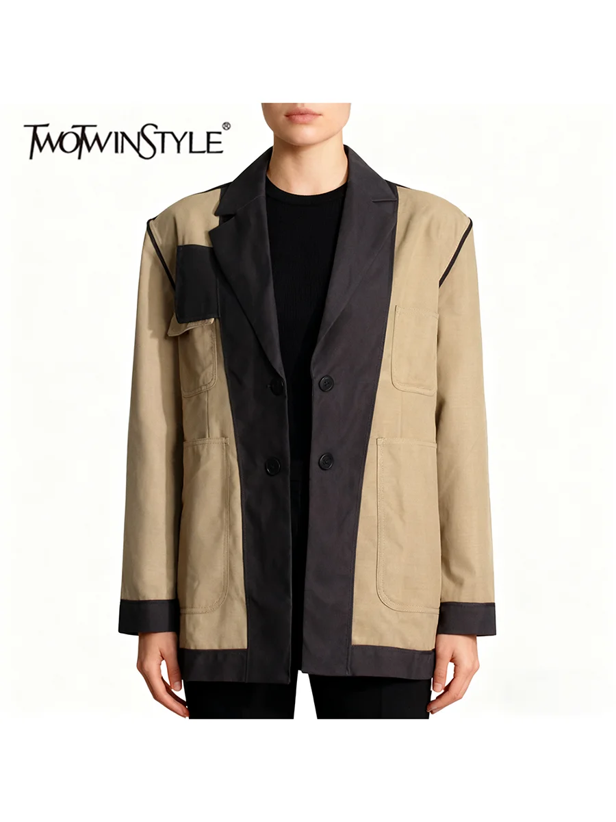 

TWOTWINSTYLE Hit Color Loose Spliced Pockets Fashion Jackets for Women Lkapel Long Sleeves Design Sense Jacket Female Clothing