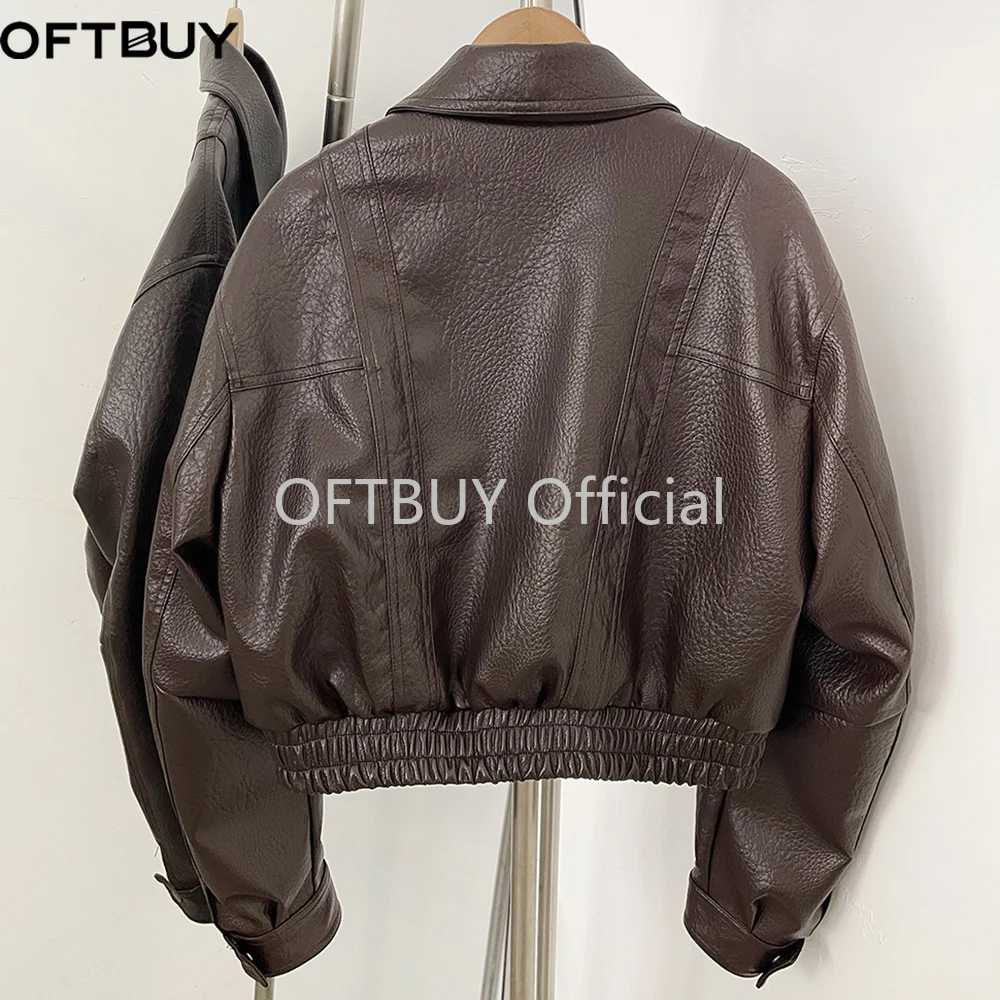 OFTBUY Damen Schwarze Kunstleder-Cropped-Aviatorjacke, Strukturierter PU-Mantel mit Elastischem Saum, Neue Vintage-Freizeitjacke – Detail 39
