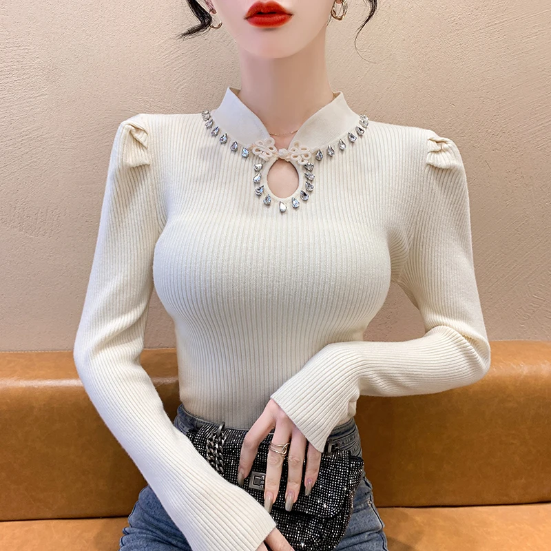 

2025 Autumn Winter Half High Collar Women Sweater New Chinese Style Buckle Bubble Sleeve Knitted Shirt Slim Pullovers Tops