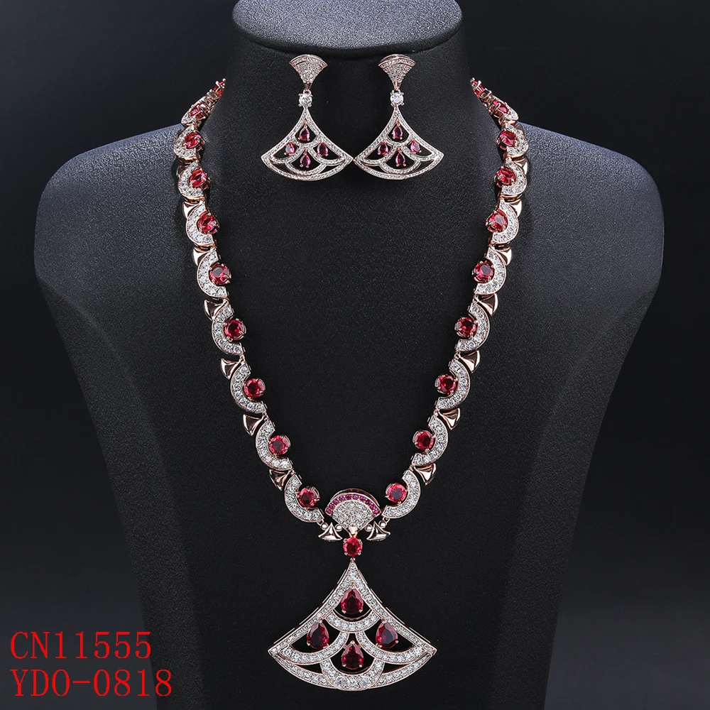 Luxury Elegant Long Cubic Zirconia fan-shaped Pendant Design Necklace Earrings Set Lady Party Accessories Wholesale CN11555