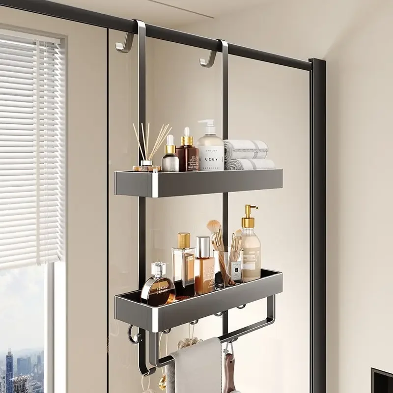 No Punch Shower Room Bathroom Shelf Aluminum Storage Shelves Multifunctional Makeup Organizer Stable Load-bearing Towel Holder