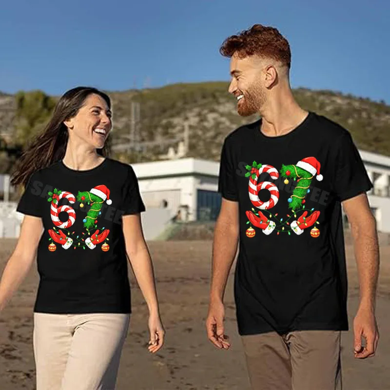 هالة الطاقة 67 مضحك تتجه ستة سبعة عيد الميلاد 67 سانتا تي شيرت Y2k لغة الفكاهة نكتة عيد الميلاد زي الأولاد موضة قائلا المحملة