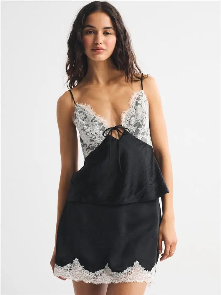 Lace under Shirt Women Summer  Knot Strap Satin Polka Dot Top mid Waist A-Line Skirt City Walk PVC Fabric 2026 Summer