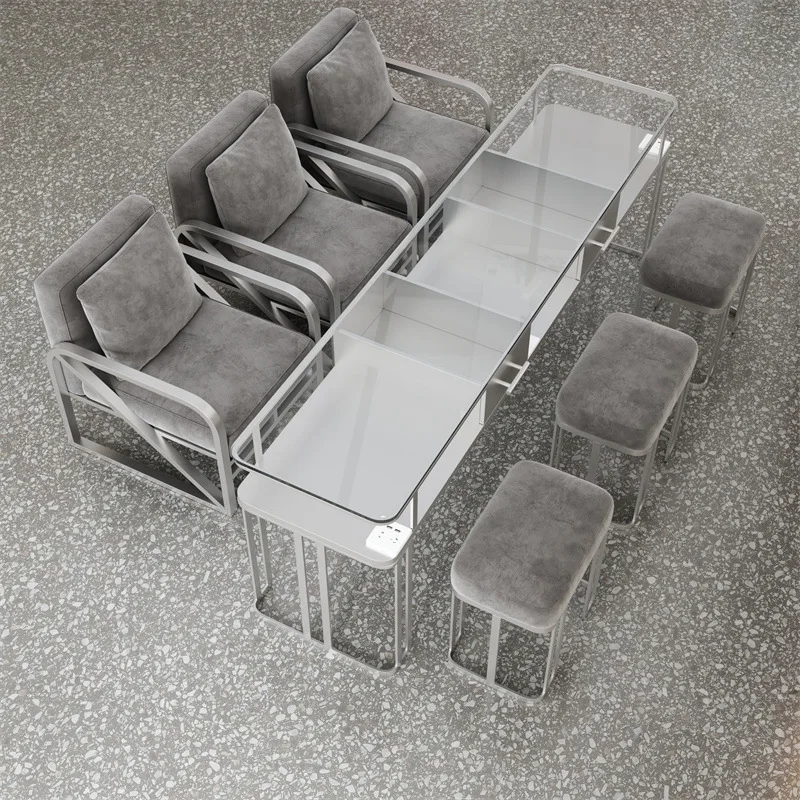 Nail salon table, single double, triple economy, Internet celebrity, light luxury, iron nail art table and chair set, glass face