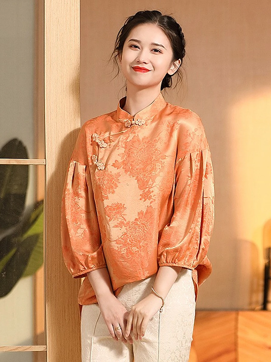 High-end Summer Chinese Style Silk Blouse Shirt Women Fashion Loose Lady Orange-yellow Red Yarn Shirt Top S-XL