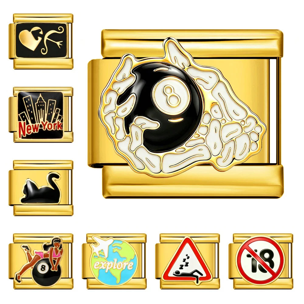 9mm Klassisches Italienisches Armband mit Charms in Goldfarbe, Totenkopf-, Reise-, Planeten-, Katzen- und Billardmuster, Edelstahl-Schmuck, Geschenk – Detail 1