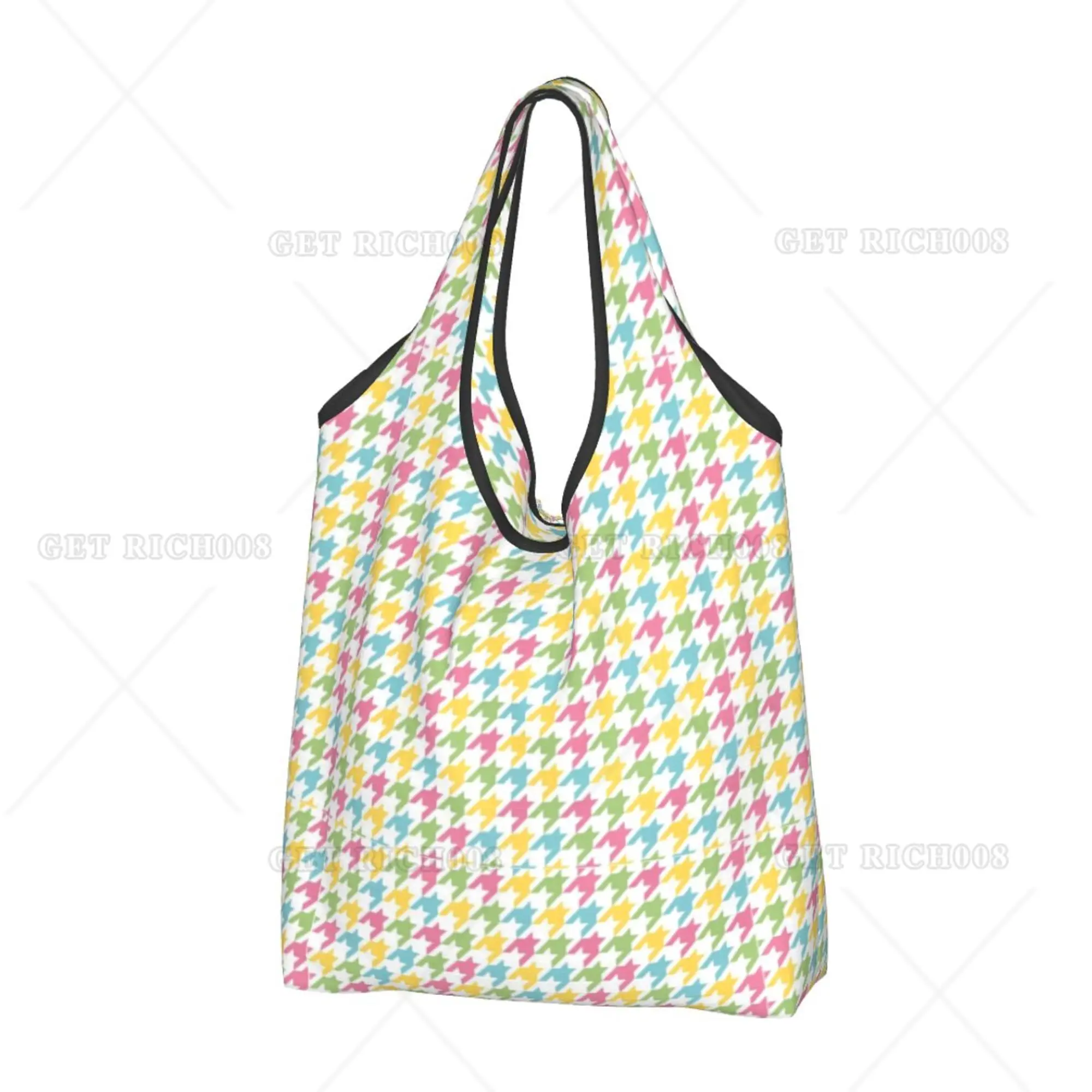 Colorful Houndstooth Folding Shopper Bags for Women Supermarket Bag Portable Handbag Reusable Grocery Bag for Outdoors