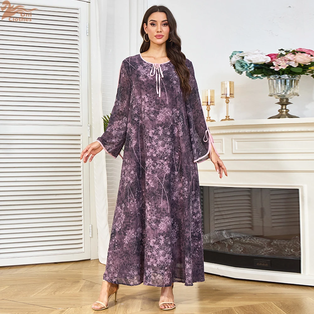 

Новое мусульманское летнее платье-абайя 2025 года с цветочным принтом, длинными рукавами, свободного кроя, скромное, повседневное макси-платье для женщин