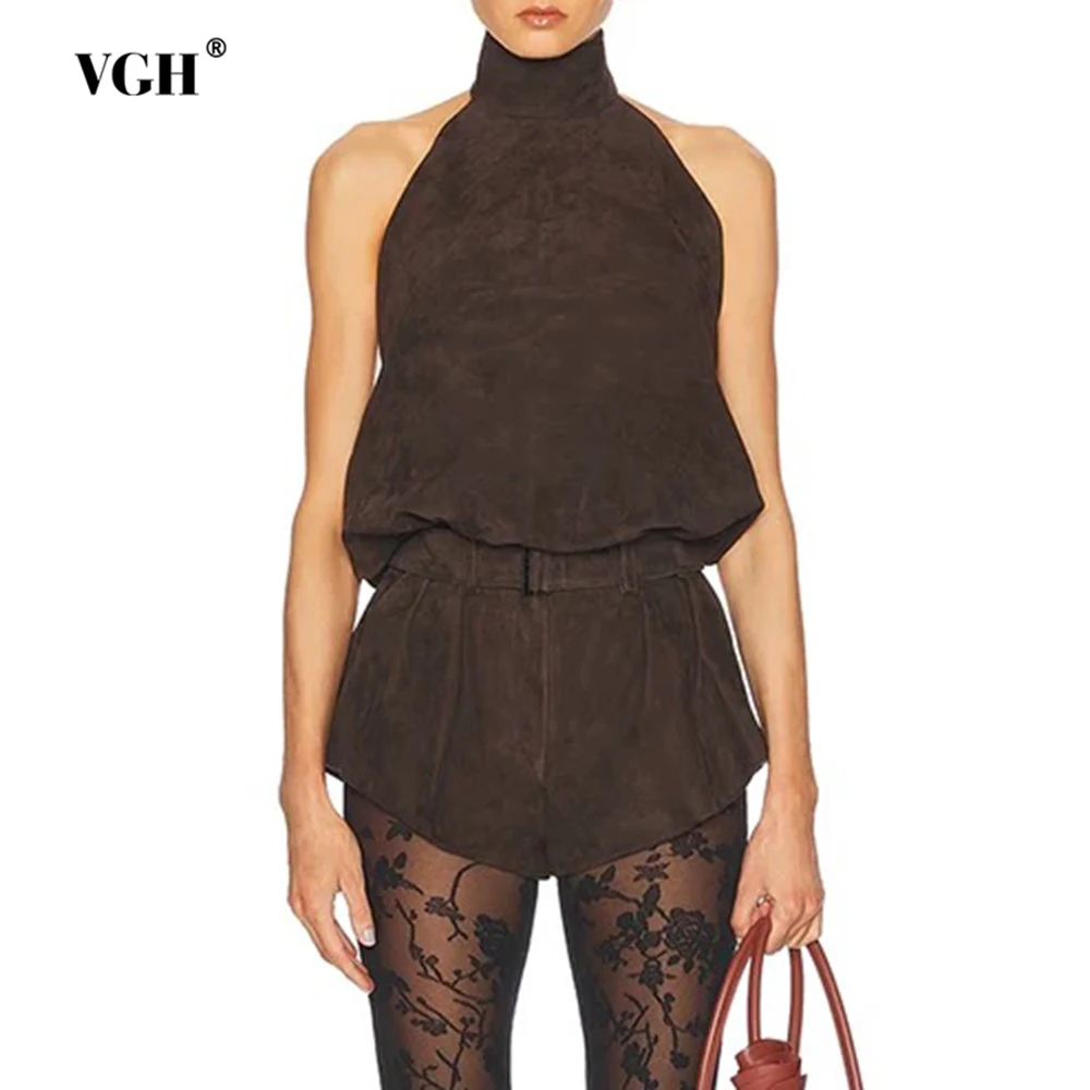 

VGH Solid Sexy Slimming Two Piece Sets For Women Turtleneck Sleeveless Top High Waist Shorts Beach Style Casual Set Female New