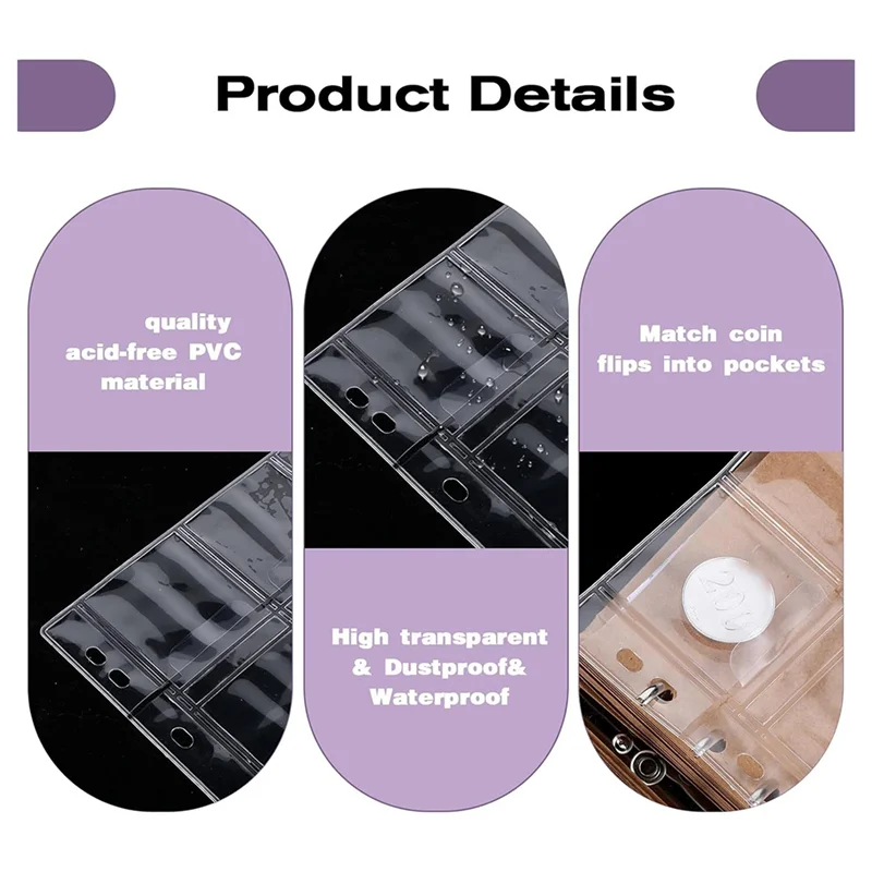Coin Collection Pages 4 Sheets 20 Pocket Clear PVC Insert Sleeves, 9 Hole Binder Protectors With Binder Inserts