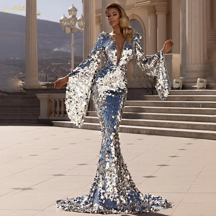 Vestido de Noche Largo con Lentejuelas Plateadas, Vestido de Fiesta de Verano 2023, Moda Femenina, Vestido de Fiesta, Fibra A...