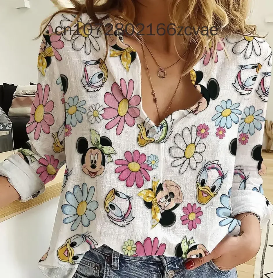 Summer New Disney Minnie Mouse Women\'s Long Sleeve Shirt Disney Button Cardigan Temperament Simple Shirt Street Women\'s Shirt