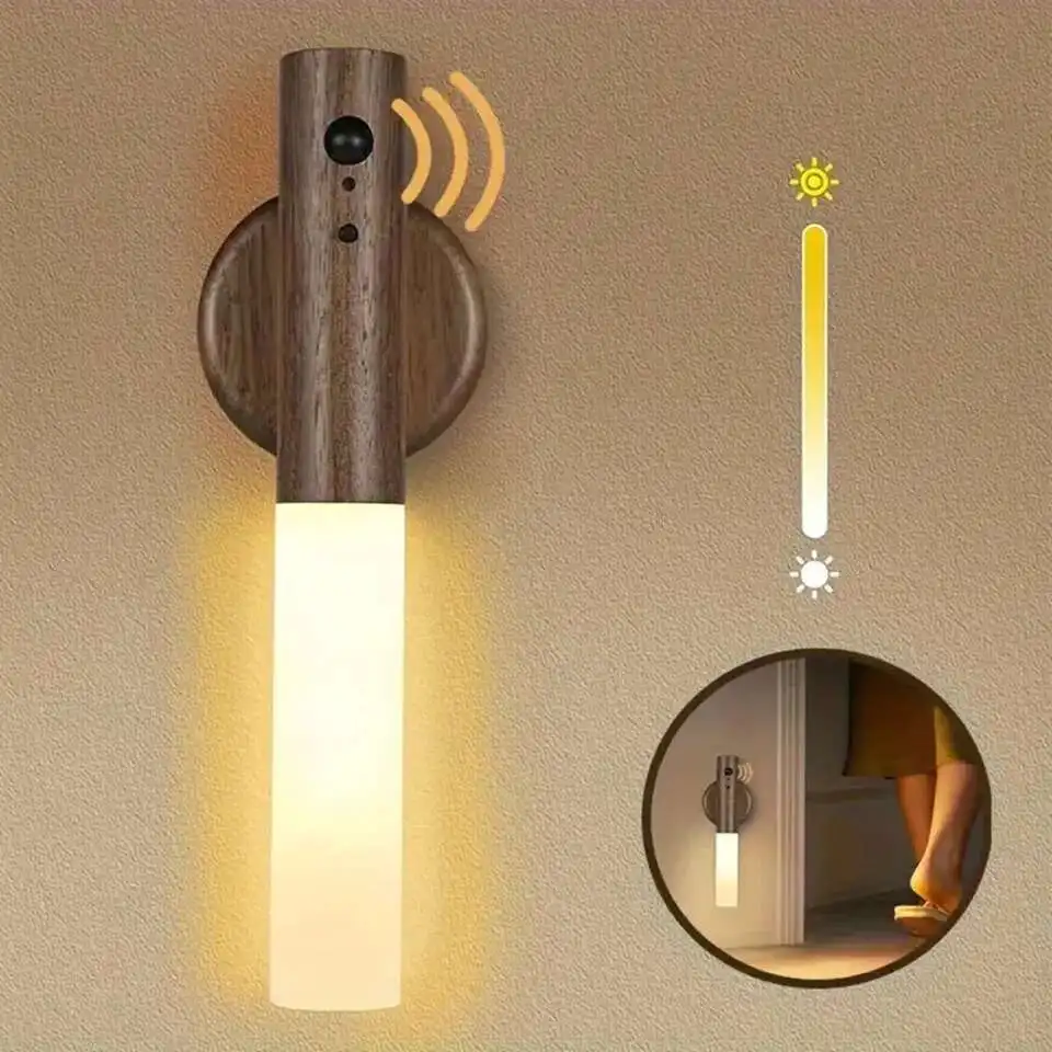 

LED Night Light Motion Sensor Rechargeable Wall Sconces Magnetic Wall Lights Wooden Wall Lamp For Bedroom Stair Table Cabinet