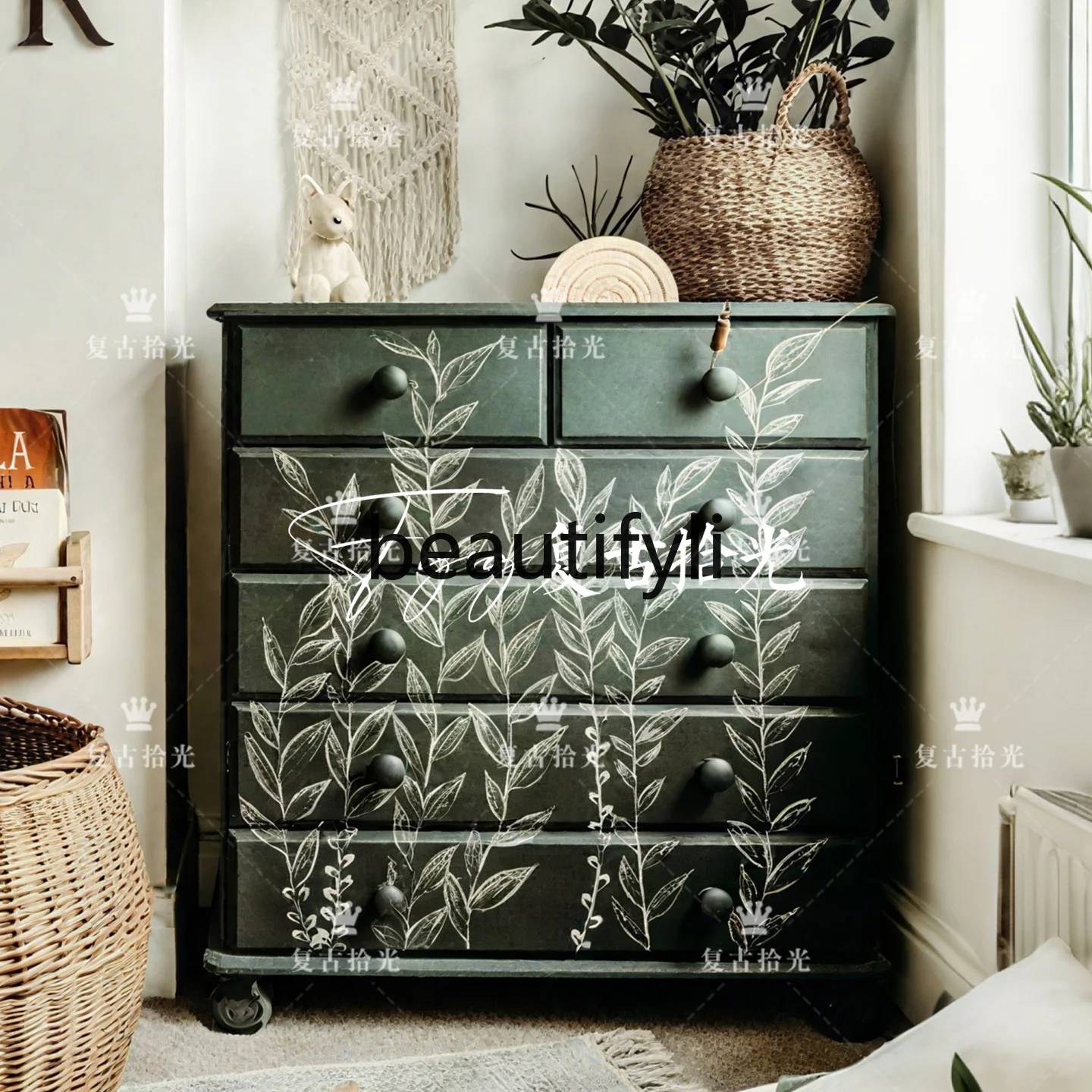 

French Retro Solid Wood Carved Entrance Cabinet Living Room Painted Decorative Storage Home Display Cabinet