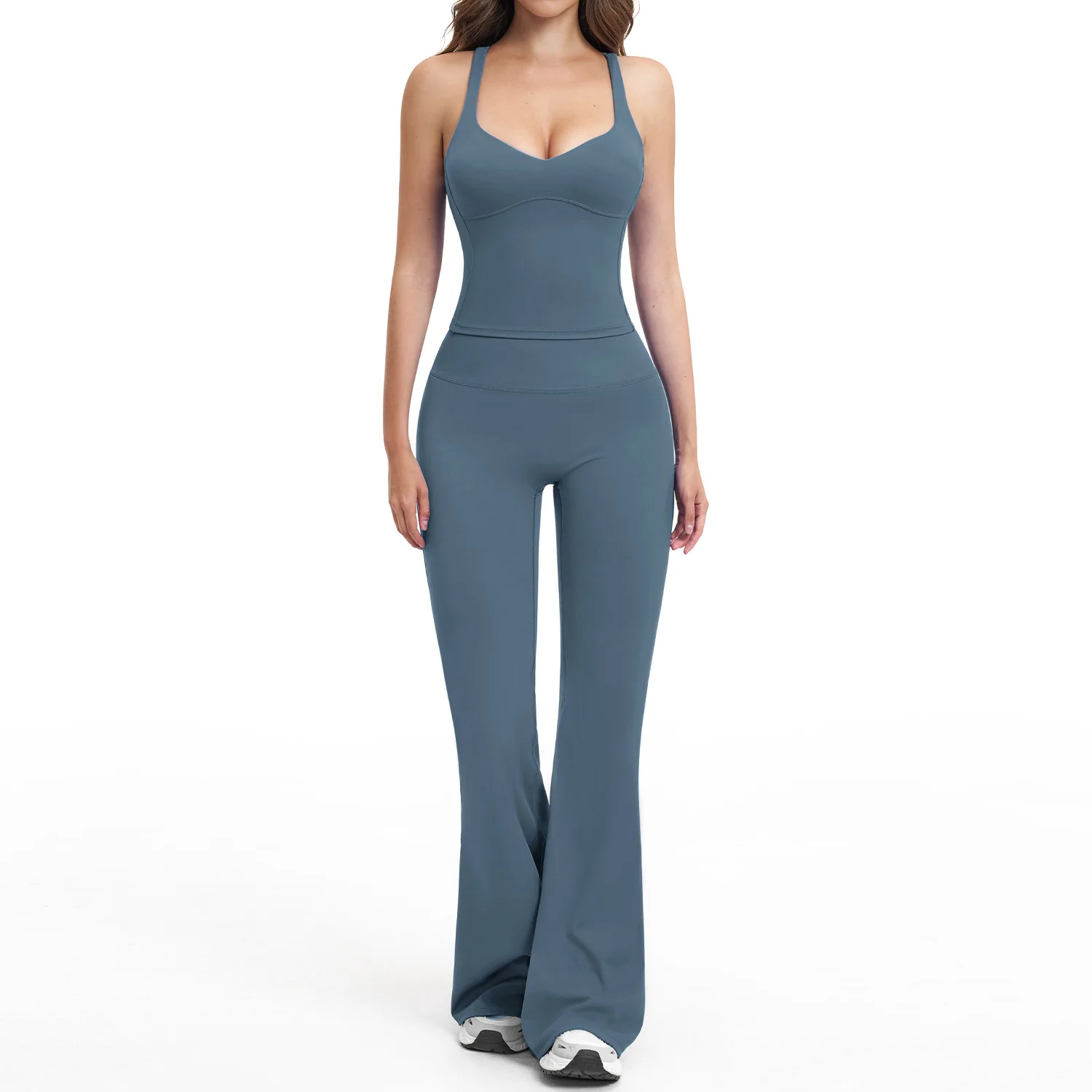 Women's 2PCS Flared Pants Yoga Set Gym Tracksuits Sports Outfits Female Shockproof Sports Vest Yoga Clothes Workout Sportswear image 3