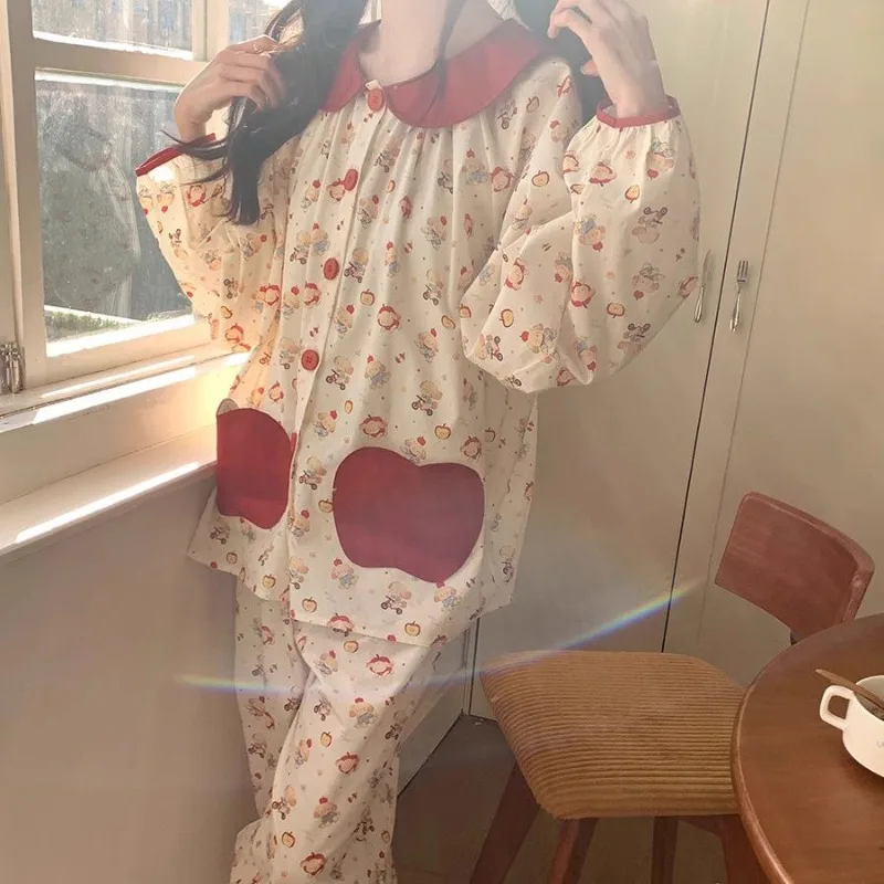 Korean Version of Cute Cartoon Apple Pajamas Women's 2026 New Spring Sweet Girl Long-sleeved Suit Loungewear Outside Underwear