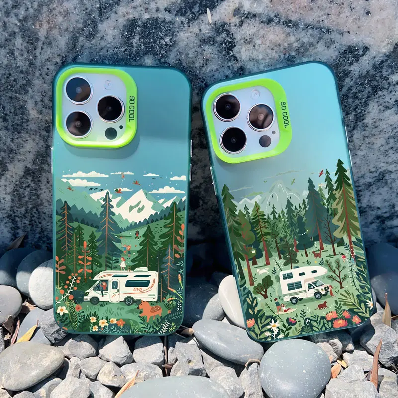 Summer Tourist Scenery Recreational Vehicle Phone Case For iPhone 12 11 14 Pro Max 15 13 Mini Pro Max 15 14 Plus Laser Covers