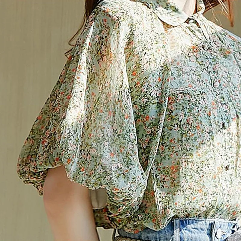 Women\'s Loose Elegant Puff Sleeve Floral Printed Blouse Summer Korean All-match Turn-down Collar Shirt Fashion Female Clothing