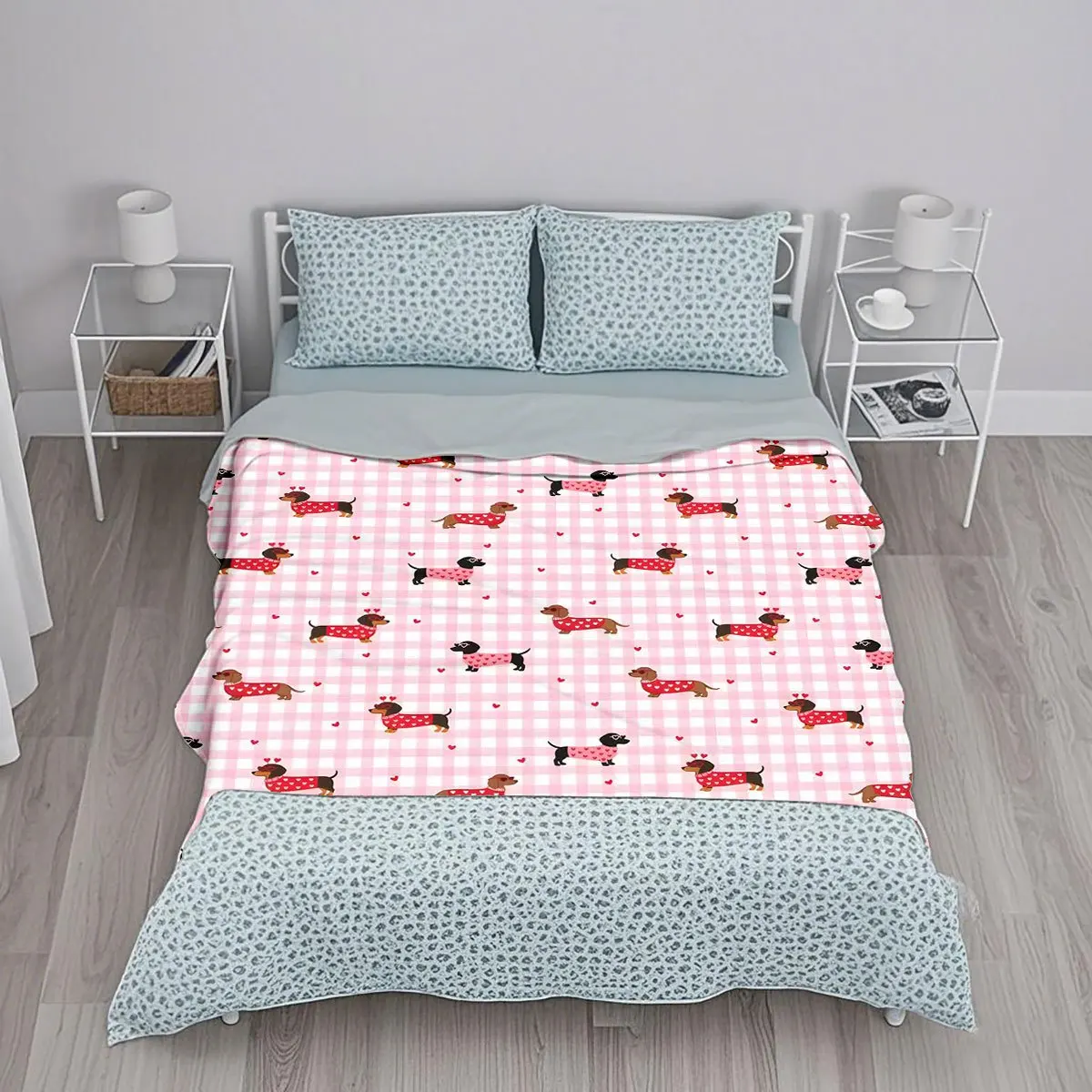 Pink Check Dachshund Love Flannel Blanket, Thickened Soft Skin-Friendly Sofa Bed Nap Cover, Pet Lover'S Exclusive Home Blanket