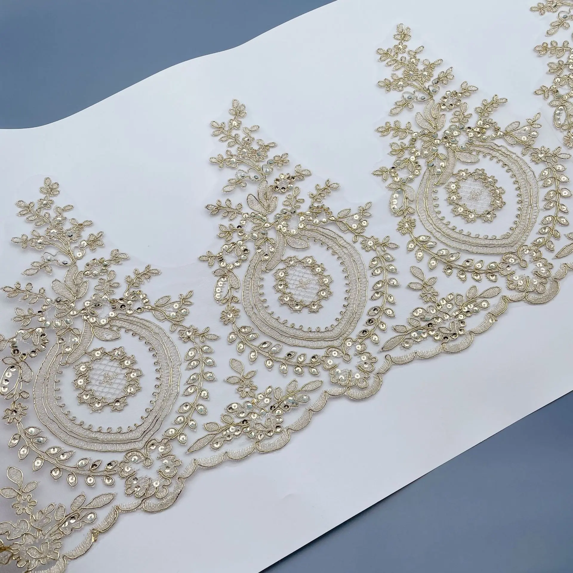 1 Yard 28cm wide Ssequins Hot Sale Light Gold Mesh Lace Trim Luxury Embroidery Light Gold Lace Fabric for Wedding Dresses