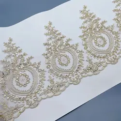 1 Yard 28cm wide Ssequins Hot Sale Light Gold Mesh Lace Trim Luxury Embroidery Light Gold Lace Fabric for Wedding Dresses