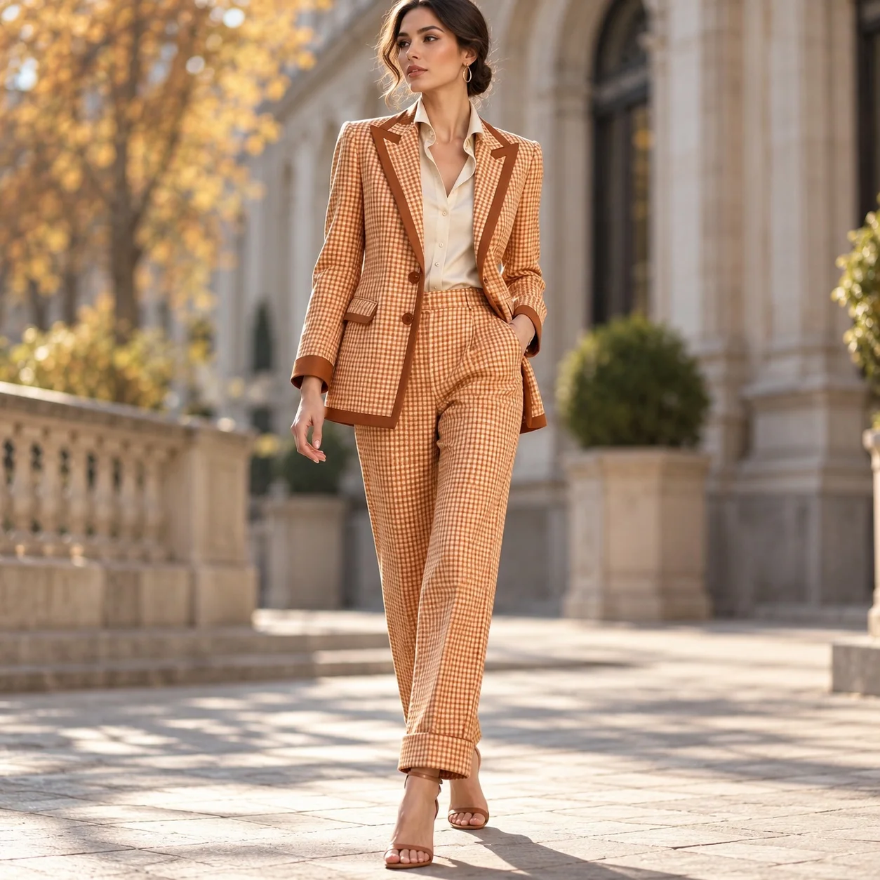 Long Sleeve Set Full Length Elegant with Business Elegant Sets Suit Jacket Top Autumn Checked Pattern Pleated Cut Women Suit