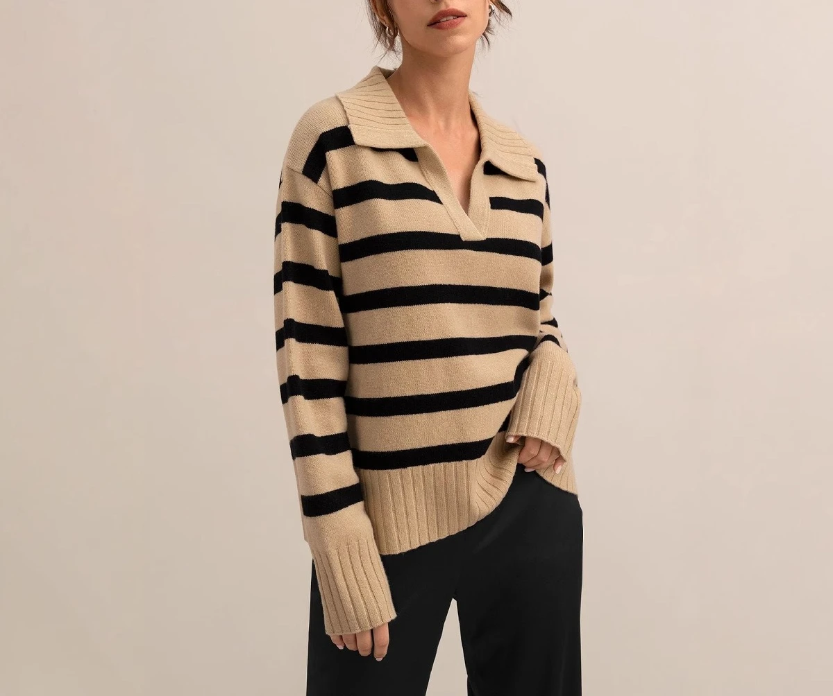 

New Autumn and Winter Knitted POLO Collar Sweater with Contrasting Colors and Loose Fit
