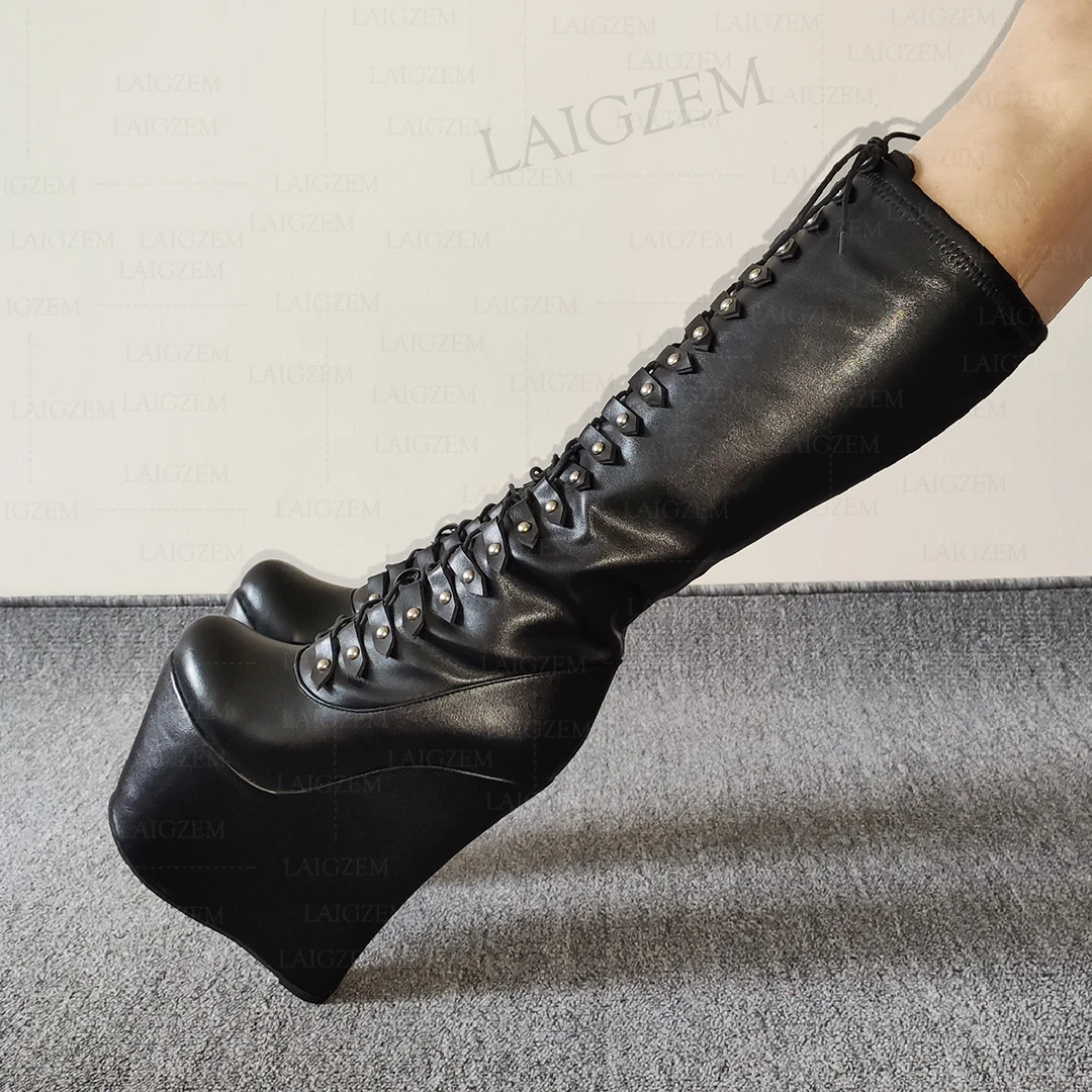 LAIGZEM Women Knee High Boots Platform Wedges 20CM High Heels Lace Up Tall Boots Height Increase Shoes Woman Big Size 43 45 48