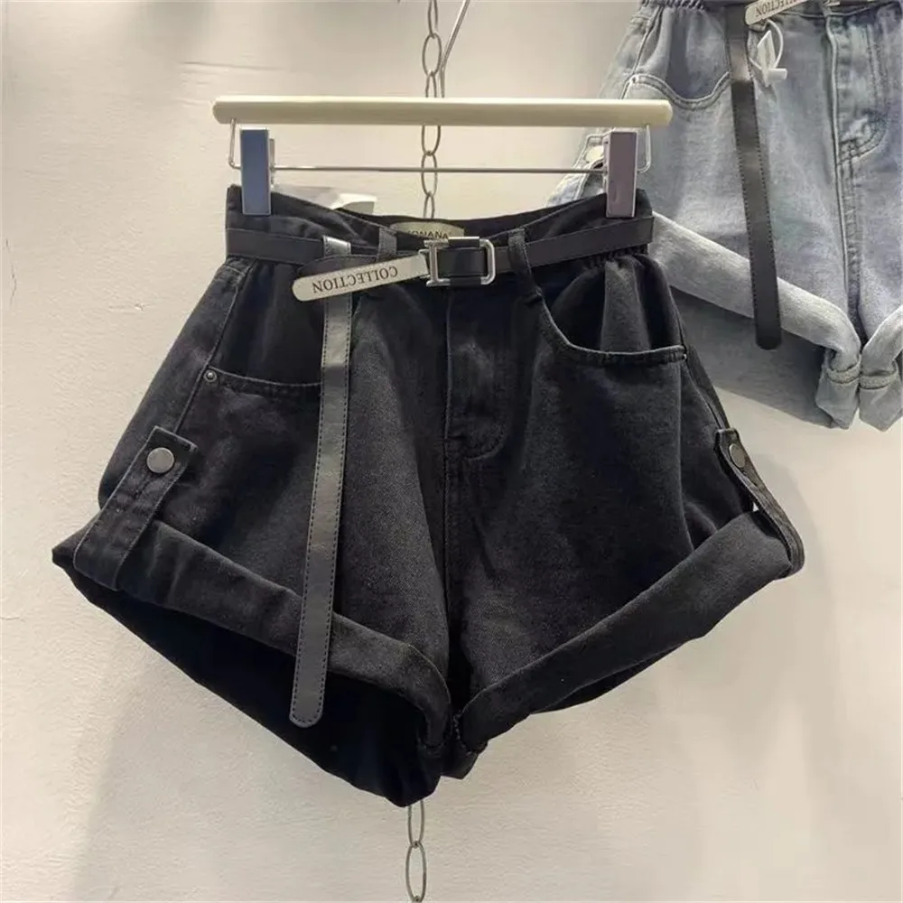 

High Waist Retro Wide Leg Denim Shorts With Belt Women 2022 Summer New Loose Curling Short Feminino Korean Black Casual Jeans