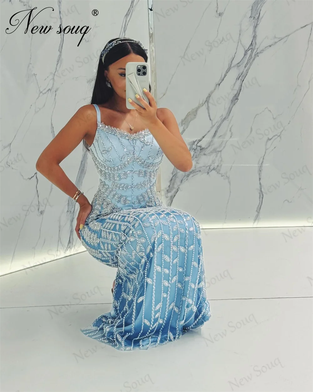 Blue Beading Evening Dresses Haute Coutures Sequins Spaghetti Straps Birthday Party Second Reception Dress Gowns Robes De Soiree