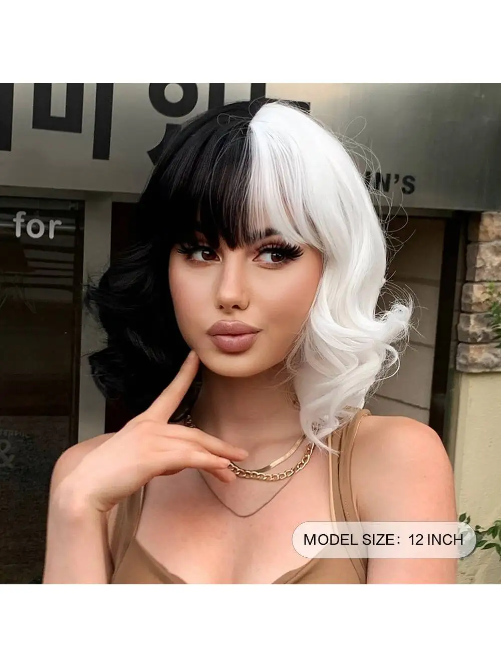 Synthetic Cruella black and white color wave mid-length hair 12 inch with bangs for cosplay hollween party daily wear