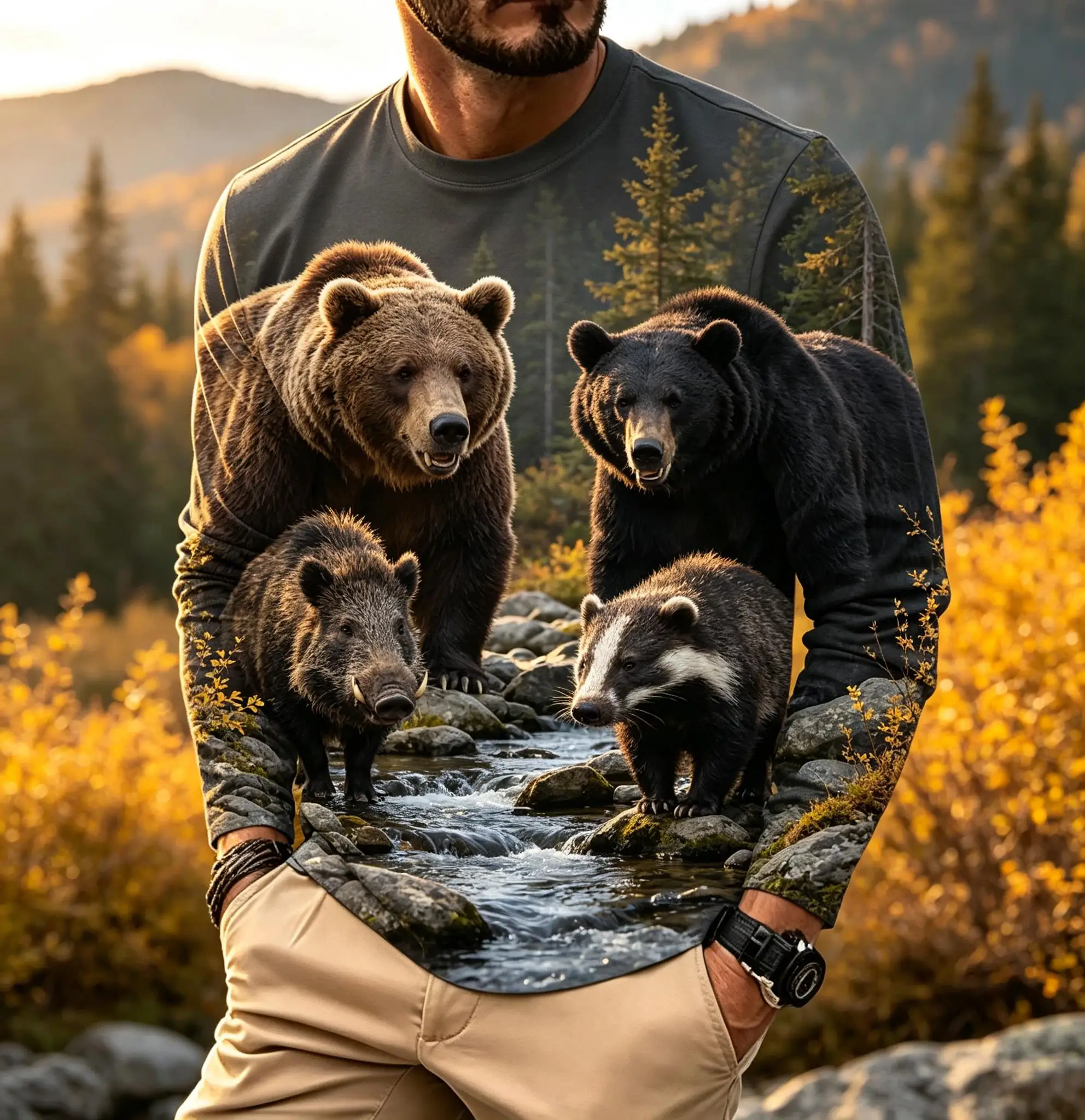 Men Wildlife Long Sleeve Tee, Autumn Mountain Forest Bear Boar Badger Nature Full Print Casual T-shirt
