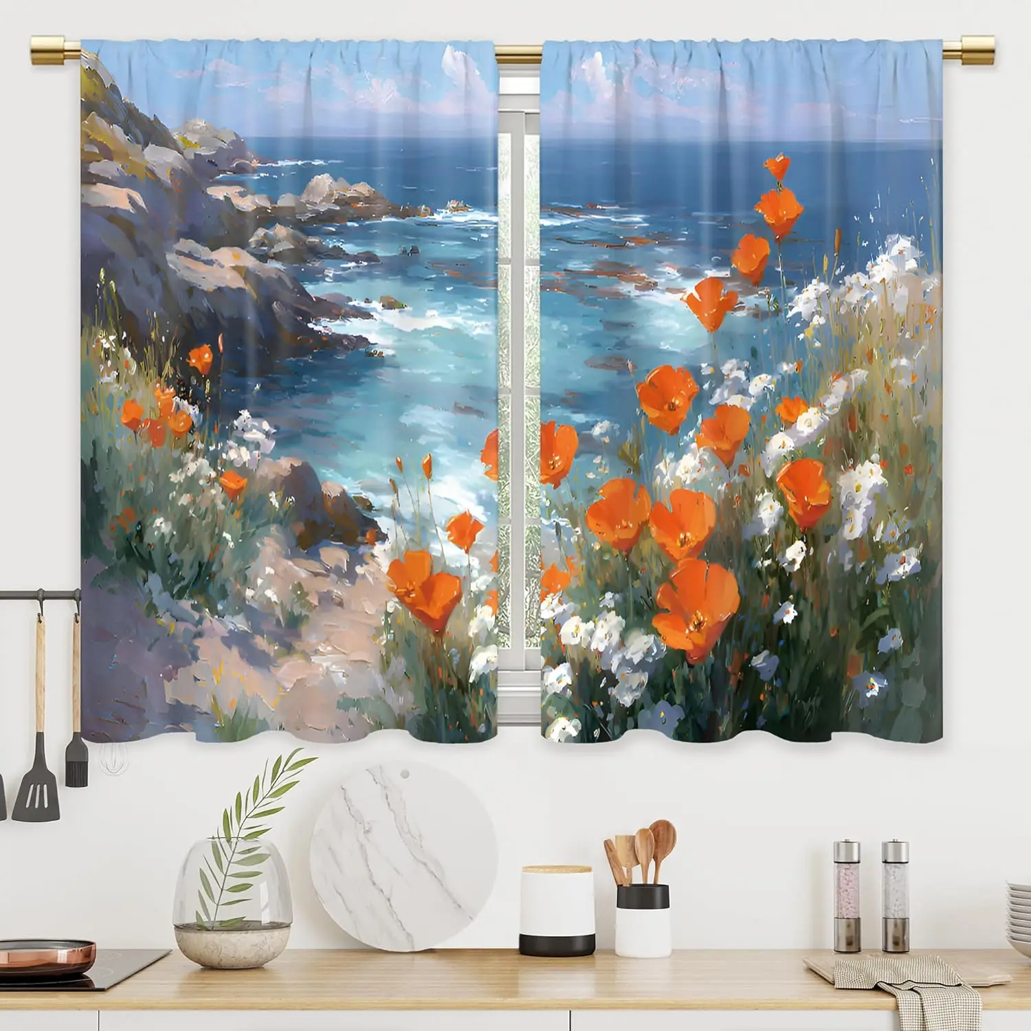 Blue Coastal Orange Floral Curtains, Seaside Wave Mountain Short Cafe 2 Panels Drapes for Bathroom Bedroom Decor