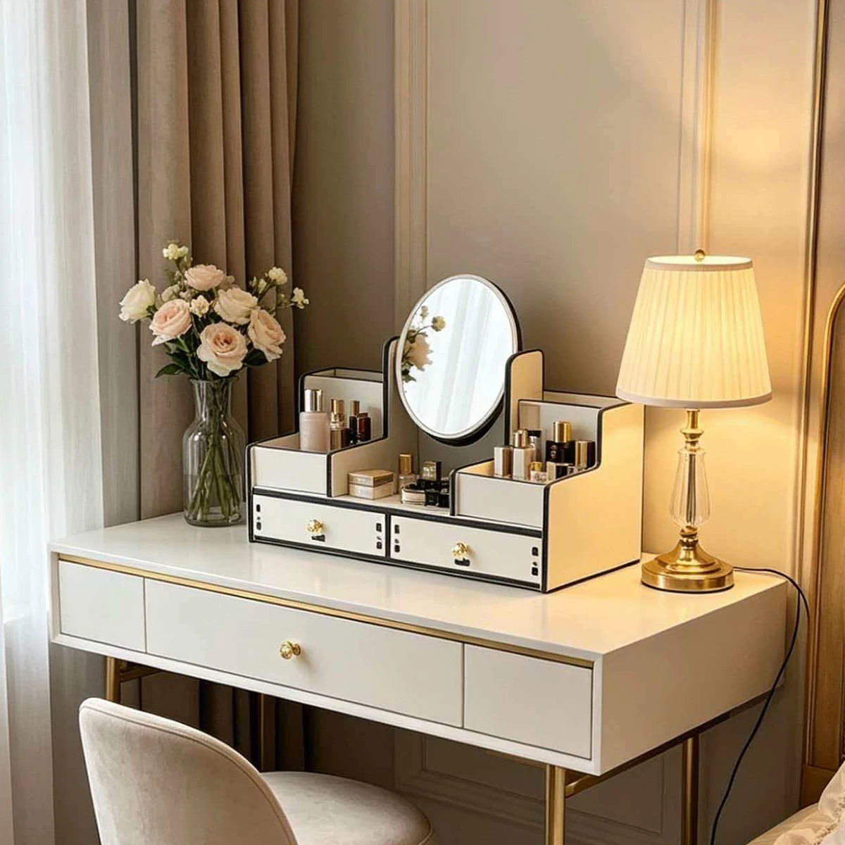 

White Makeup Organizer with Mirror & 2 Drawers, Large Capacity Cosmetic Storage Box for Vanity