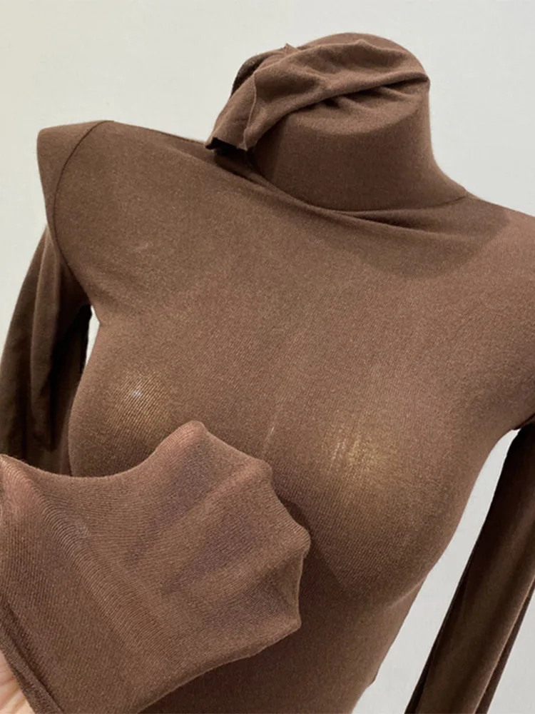 رقيقة لينة الأمريكية طويلة الأكمام تي شيرت عالية مكدسة الرقبة ضيق منظور أسفل قميص المرأة سليم صالح القمم مثير الشارع الشهير