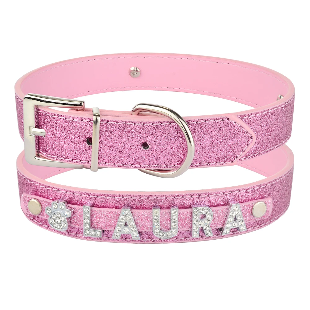 Custom Pet Name Dog Collar Luxury Rhinestone Letter Adjustable Personalized Blingbling Leather Dog Cat Collar Small Medium Dogs