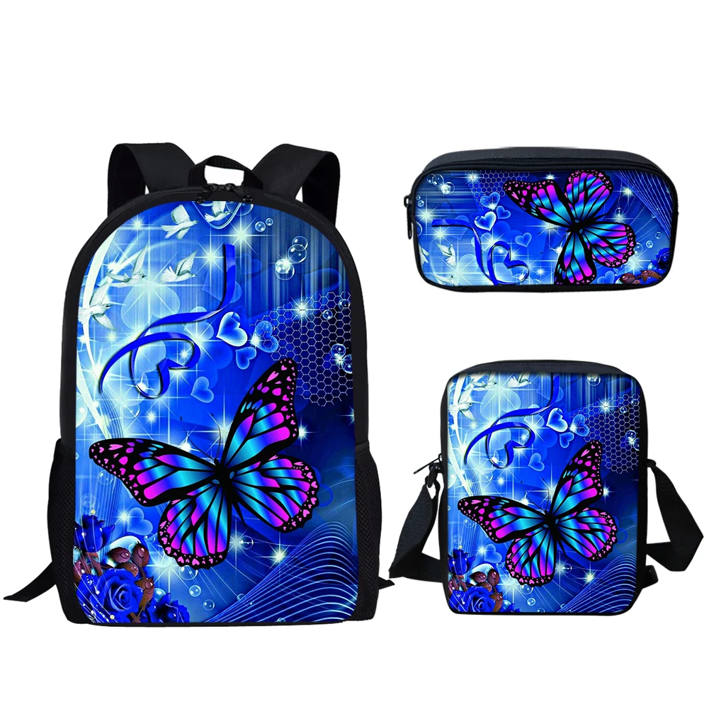 Belidome Primary School Backpack 3Set Blue Butterfly Print Lightweight Schoolbags for Teen Girls Book Bags Back to School