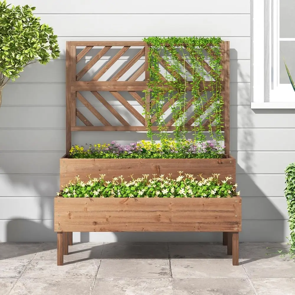 2-Tier Wooden Elevated Garden Bed with Trellis and Planter Boxes, Ideal for Herbs, Vegetables, and Fruits (Brown)