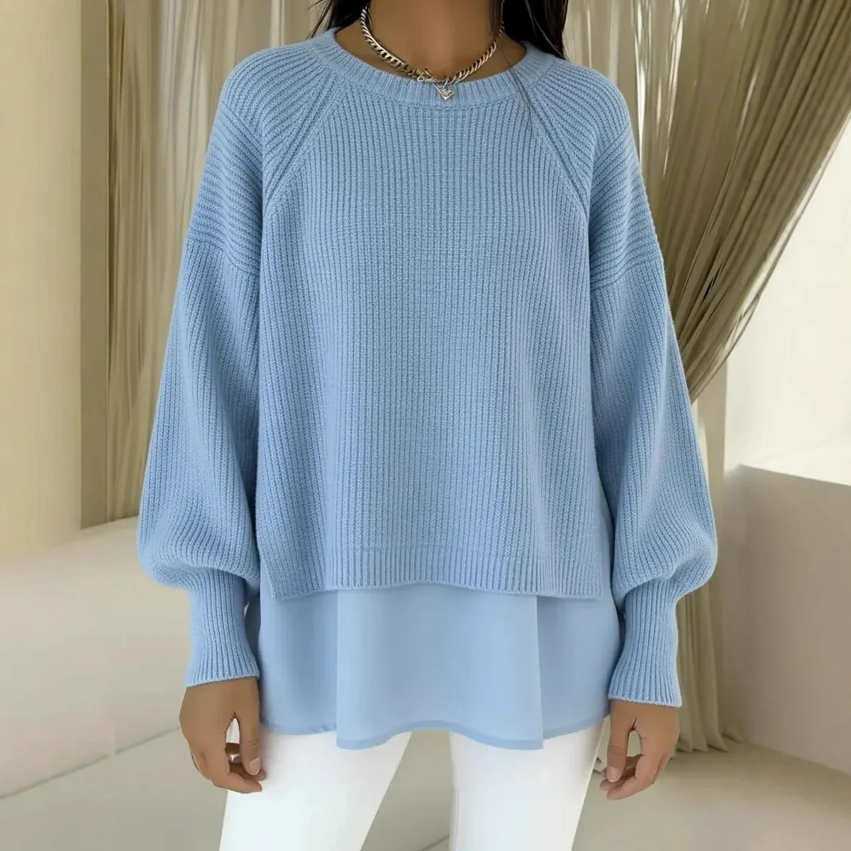 

Casual Crew Neck Chiffon Hem Sweater Plain Lantern Sleeve Relaxed Sweater Soft Knit Pullover Sweater Chiffon Trim Fashion Top
