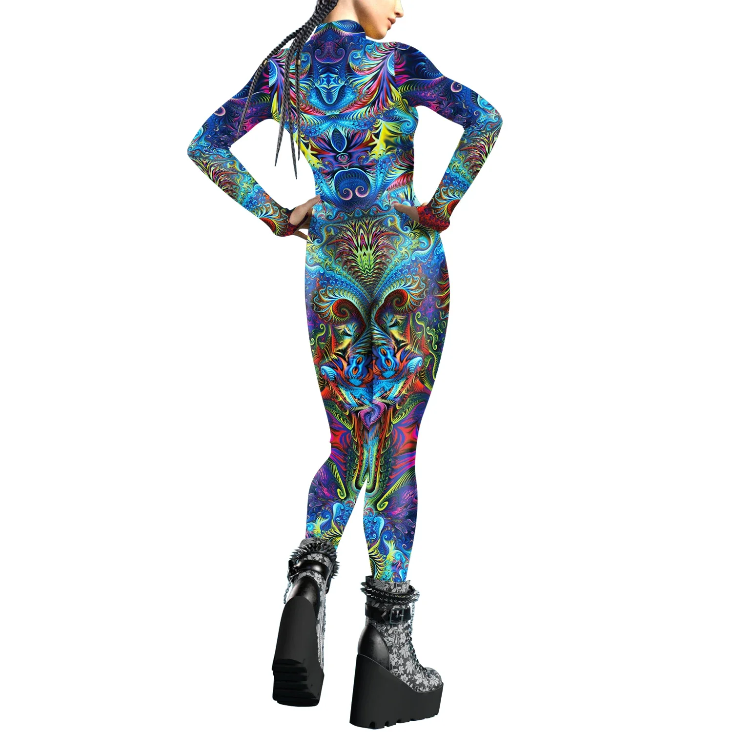 Tiers chuppen Pfauenfeder gedruckt Overall vorne Reiß verschluss Catsuit Frauen Männer Zentai Halloween Bodysuit Party Cosplay Kostüme