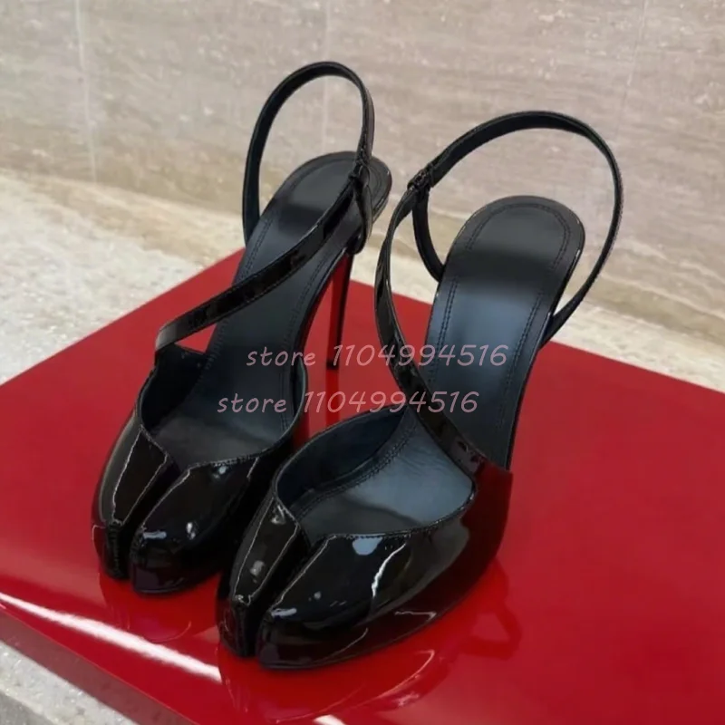 

Split Toe Black Patent Leather Thin Heels Women Back Strap Shallow Slingback Pumps Lady Sexy Elegant Party Banquet Wedding Shoes