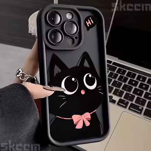 Cute Black Big Eyed Cat Pattern Phone Case for Samsung Galaxy A15 A35 A54 A55 S25 S24 Ultra S23 Plus S22 S21 S20 FE Soft Cover