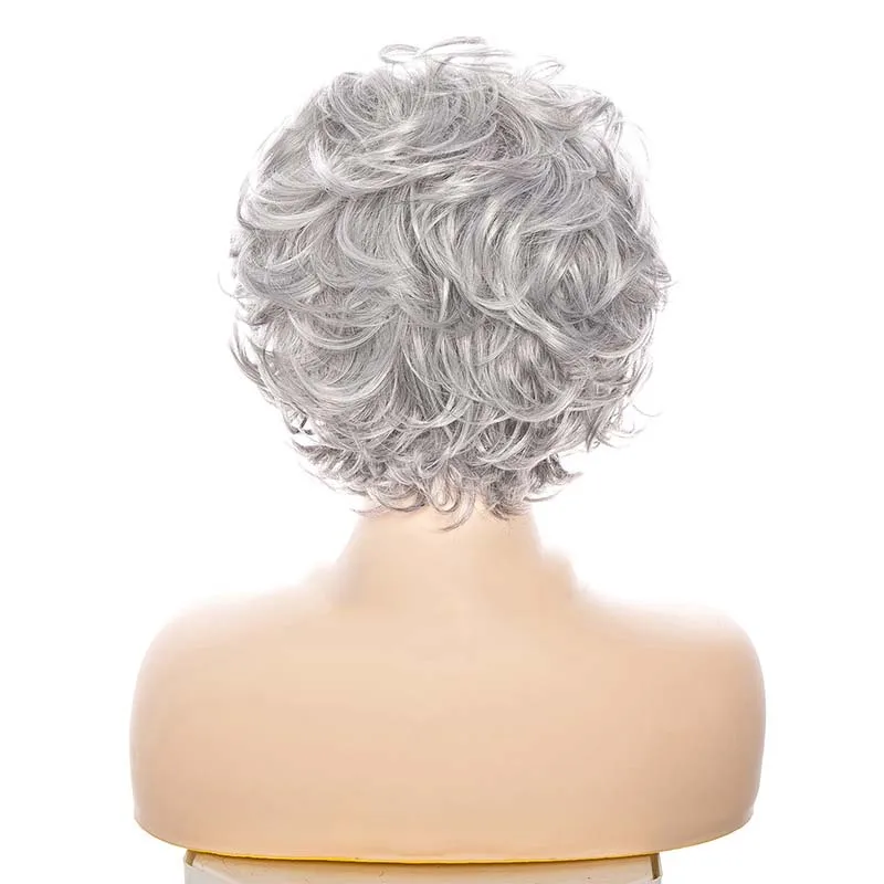 Women's Fashion Short Synthetic Wigs Pixie Cut Silver Gray Hair Costume Party Wigs for Woman Fluffy Natural Curly Wavy Wig