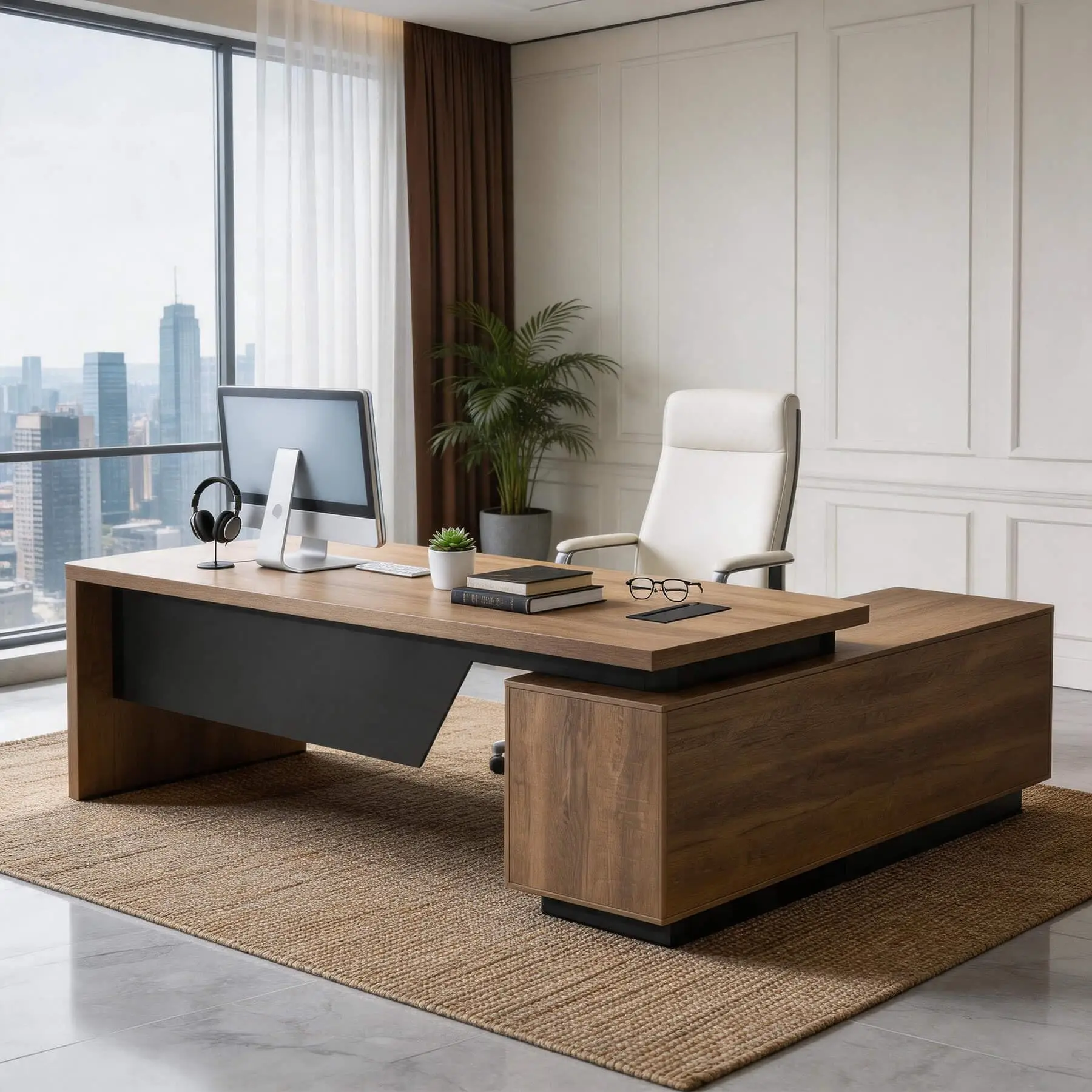 Retractable L-Shaped Executive Desk, Modern Office Desk with locking Drawers and File Cabinet, Large Computer Desk with
