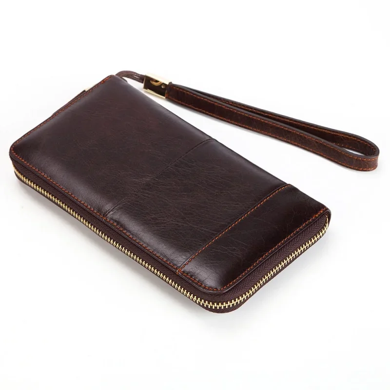 Men's Long Handbag Business Vintage Cow Leather Man Wallet  Brand Long Wallet For Man And Woman Oil Wax Zipper Bag Male Purse