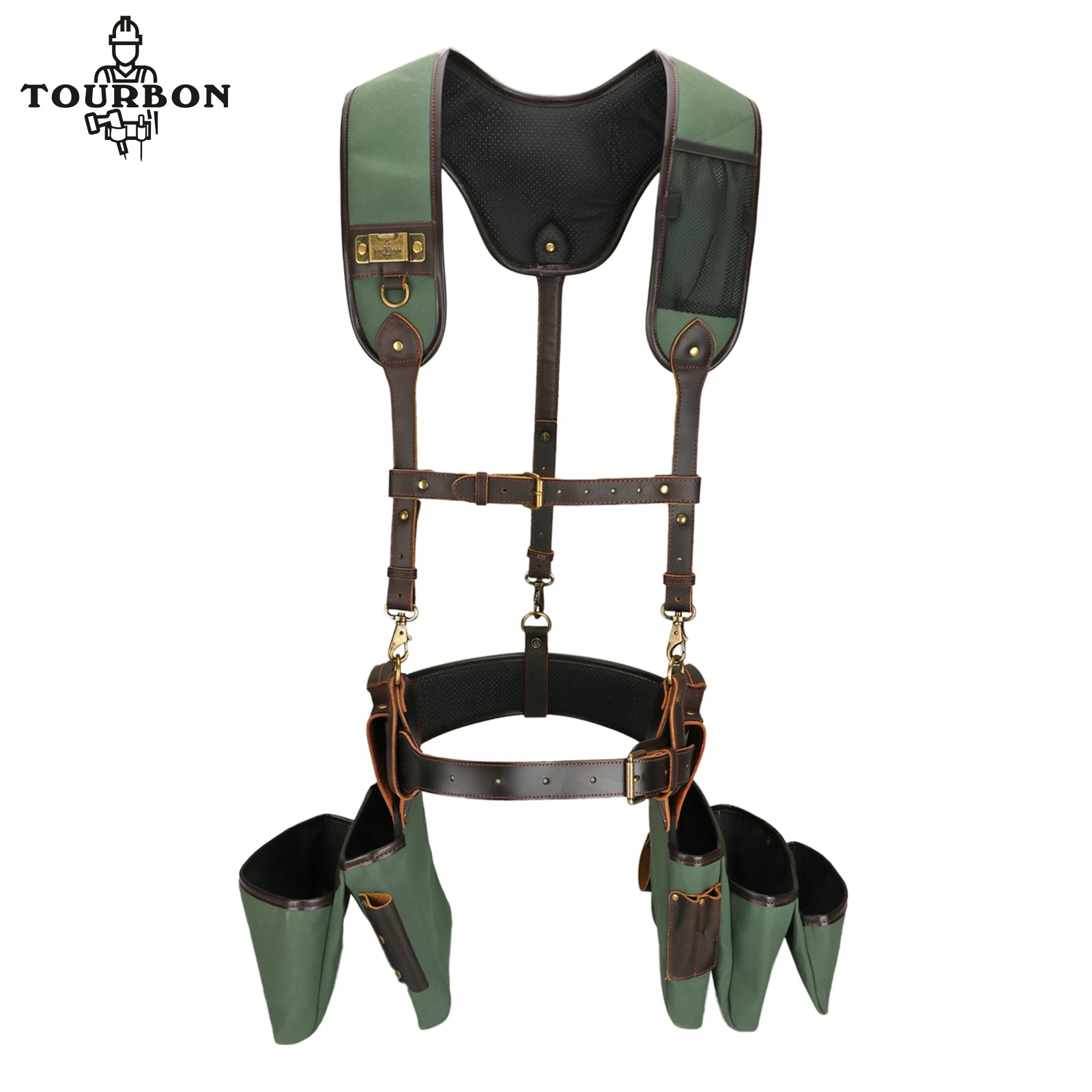 

Tourbon Canvas&Leather Tool Belt Bag with Adjustable Padded Suspenders Detachable Pockets Electrician's Tool Combo Pouch